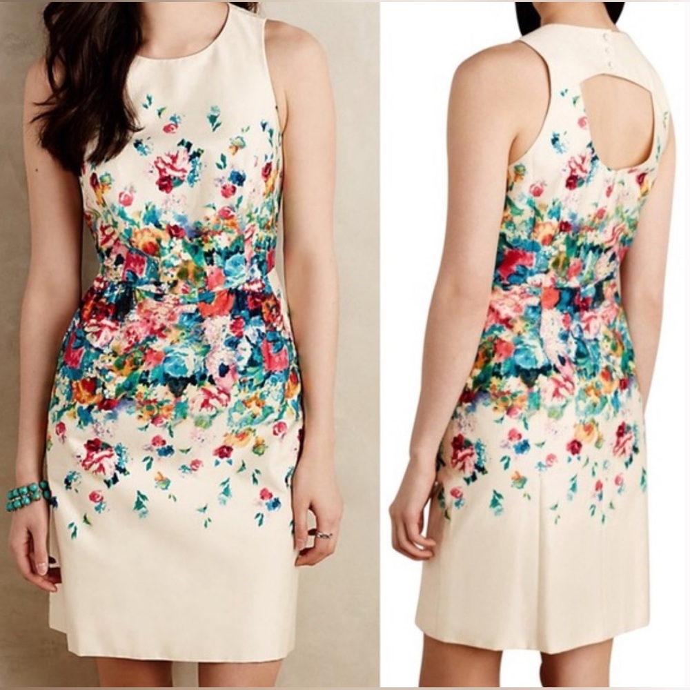 Maeve Anthropologie Cream Floral Tea Garden Dress Sz 2